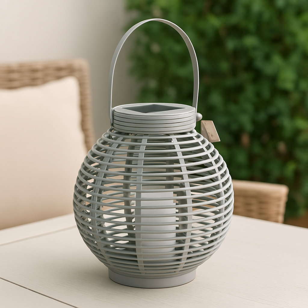 Garten Laterne Rattan-Optik 43,5 x Ø 38 cm Hellgrau Solarbetrieben Dekolicht